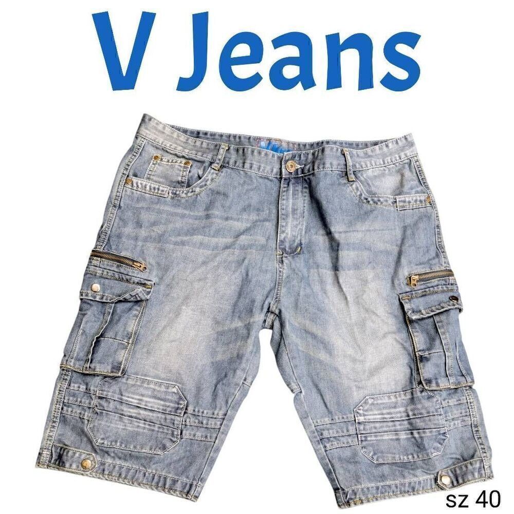 V Jeans Trendy Distressed Denim Cargo & Zip Pockets Blue Jean Shorts